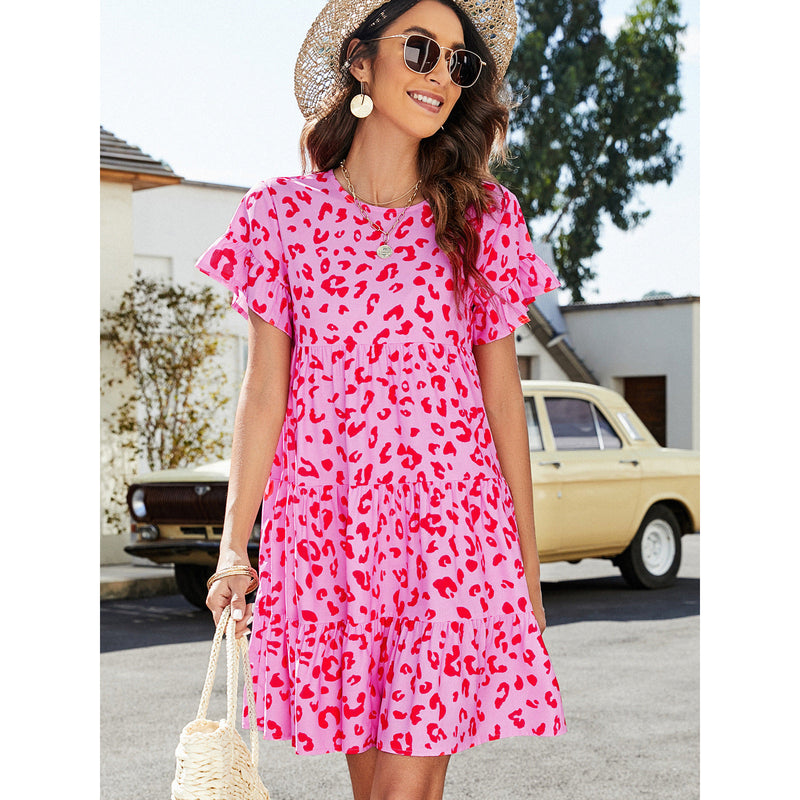 Leopard Short Flounce Sleeve Tiered Dress