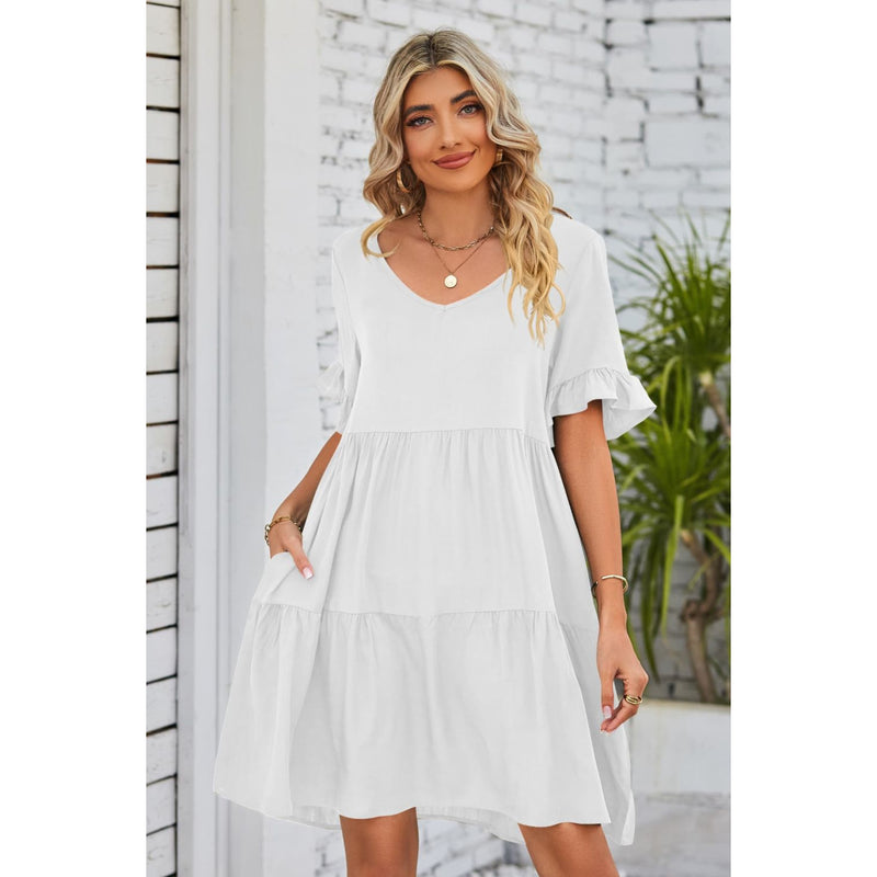 V-Neck Flounce Sleeve Tiered Dress