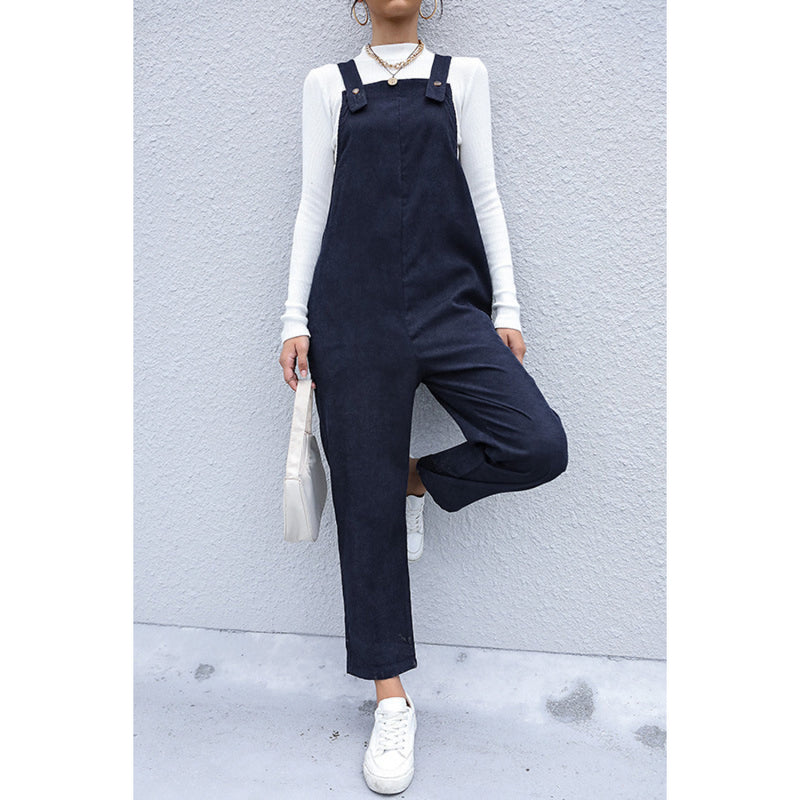 Button Detail Corduroy Overalls with Side Pockets