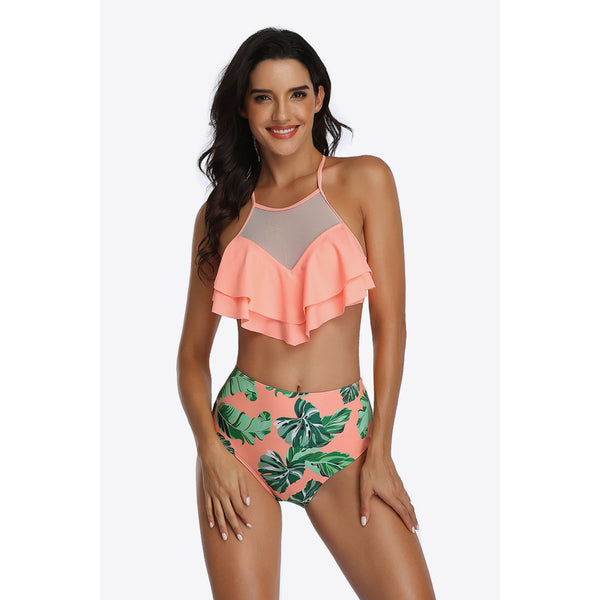 Tropical Print Ruffled Two-Piece Swimsuit