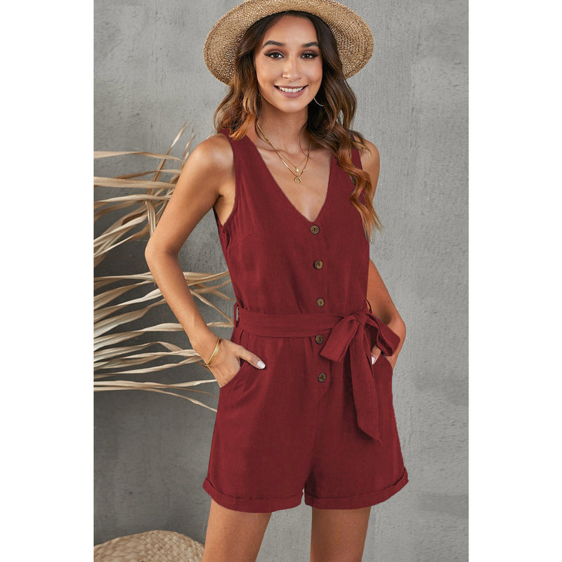 Tie-Waist Buttoned Plunge Sleeveless Romper