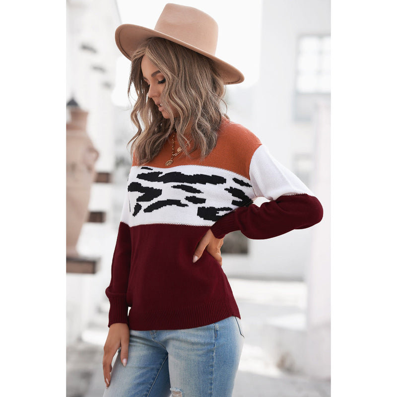Leopard Color Block Ribbed Trim Sweater - Courageous & Confident Club