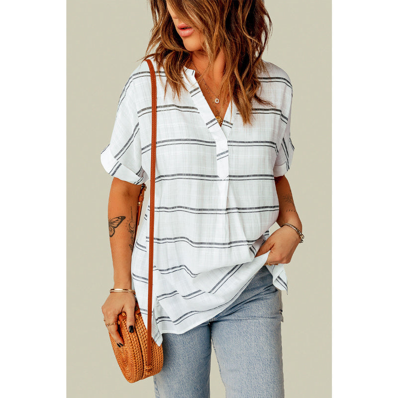 Notched Side Slit Cuffed Blouse