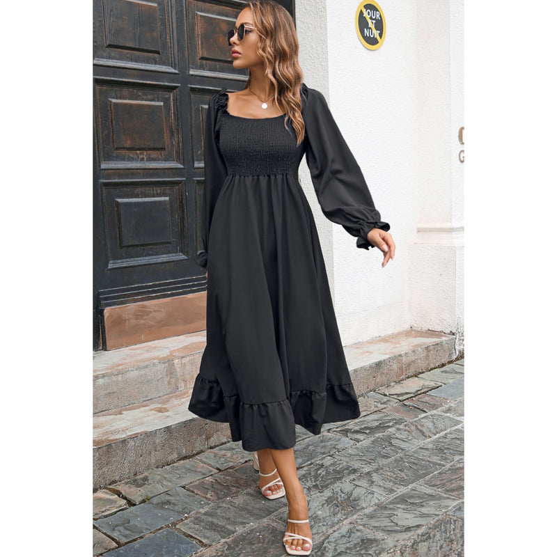 Smocked Ruffle Hem Flounce Sleeve Dress