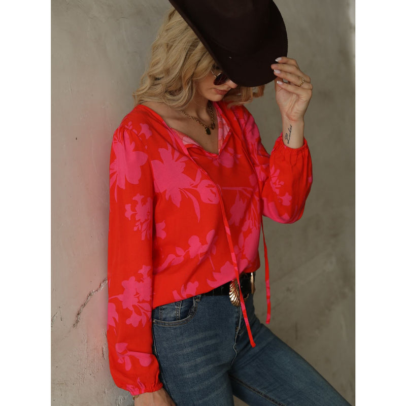Printed Tie Neck Long Sleeve Blouse