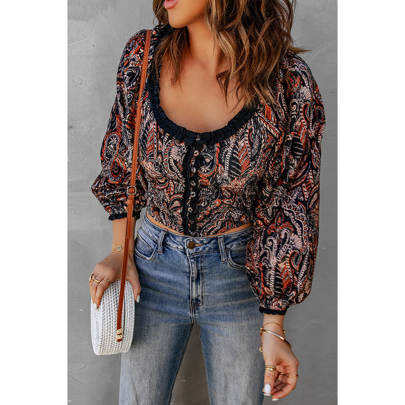 Printed Buttoned Balloon Sleeve Cropped Blouse