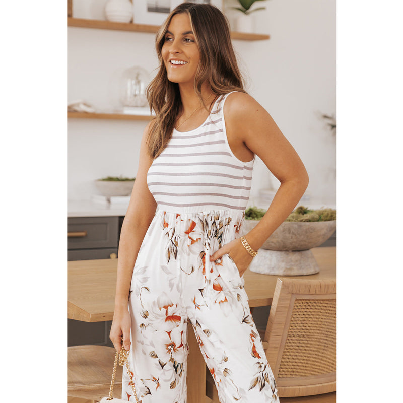 Striped Floral Sleeveless Wide Leg Jumpsuit with Pockets