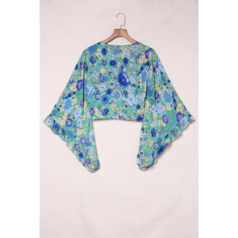 Floral Bell Sleeve Surplice Cropped Blouse