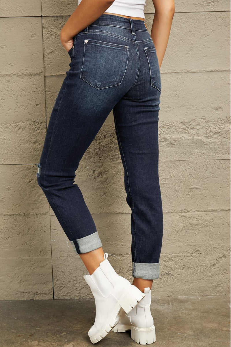 Judy Blue Full Size Mid Rise Distressed Cuffed Boyfriend Jeans