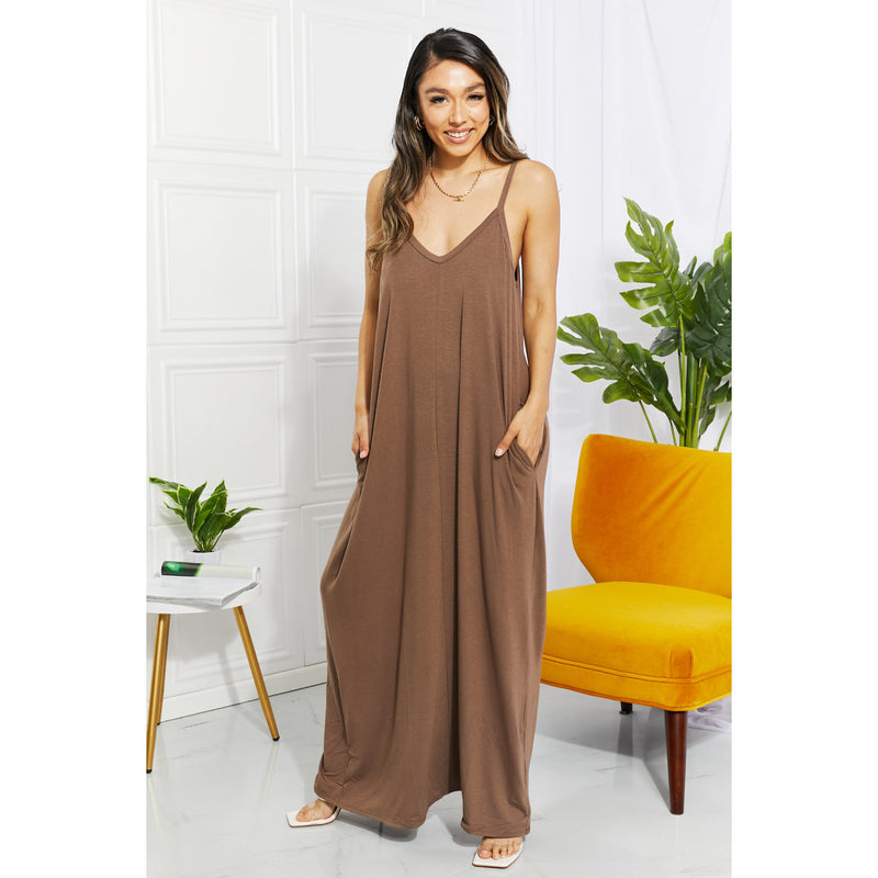 Zenana Full Size Beach Vibes Cami Maxi Dress in Mocha