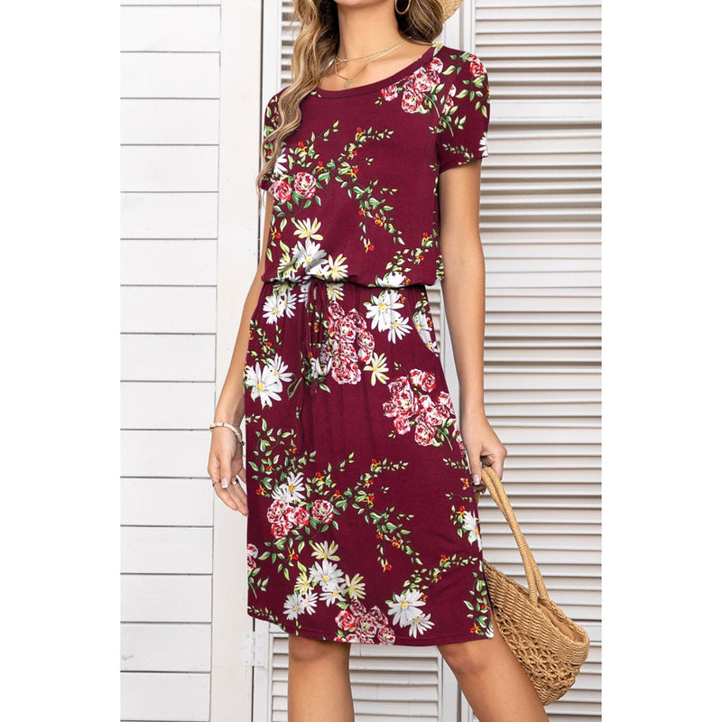 Round Neck Short Sleeve Slit Dress with Pockets
