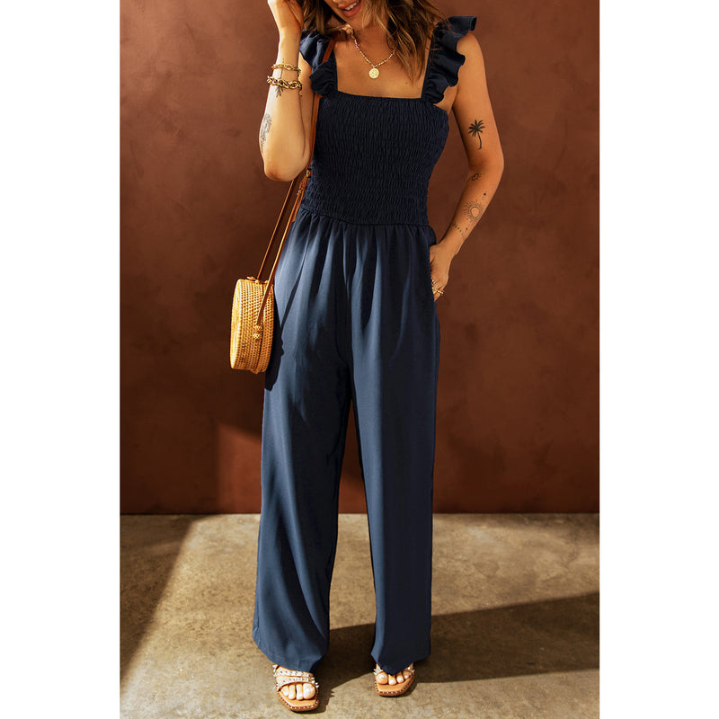 Ruffle Shoulder Smocked Pocket Jumpsuit