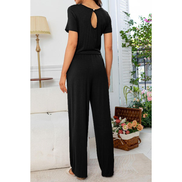 Round Neck Open Back Jumpsuit with Pockets