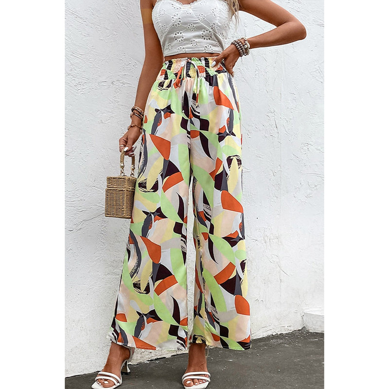 Printed Smocked Waist Wide Leg Pants