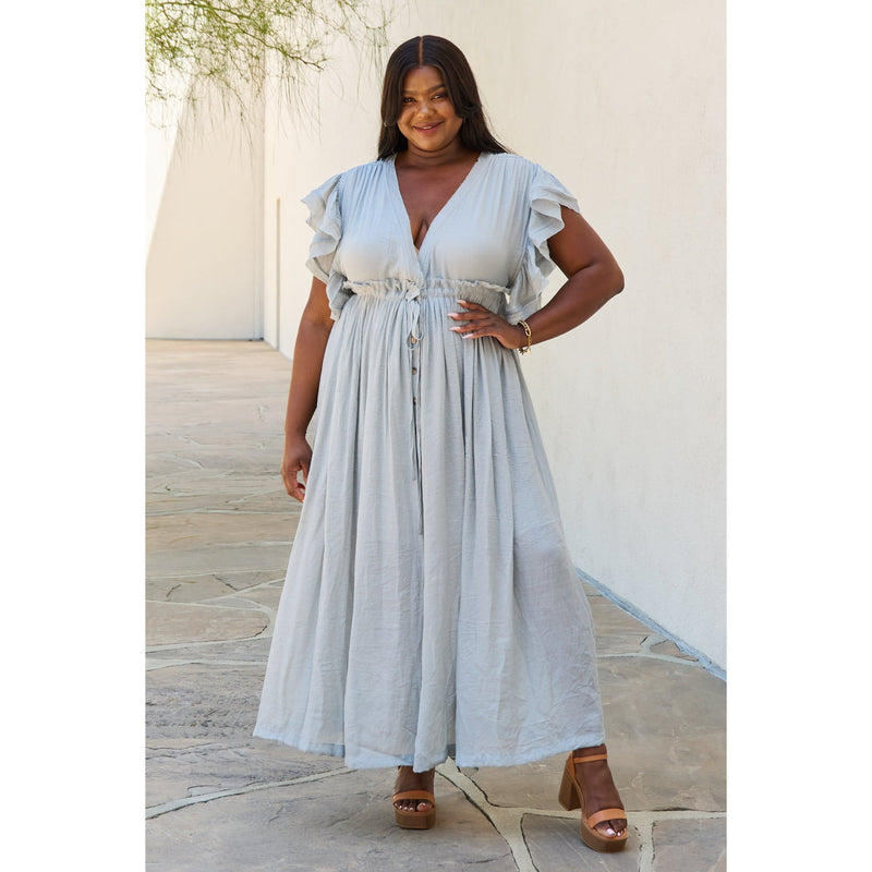 Sweet Lovely By Jen Full Size Drawstring Deep V Butterfly Sleeve Maxi Dress