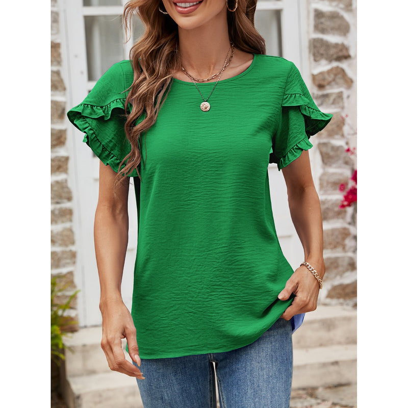 Textured Petal Sleeve Round Neck Tee