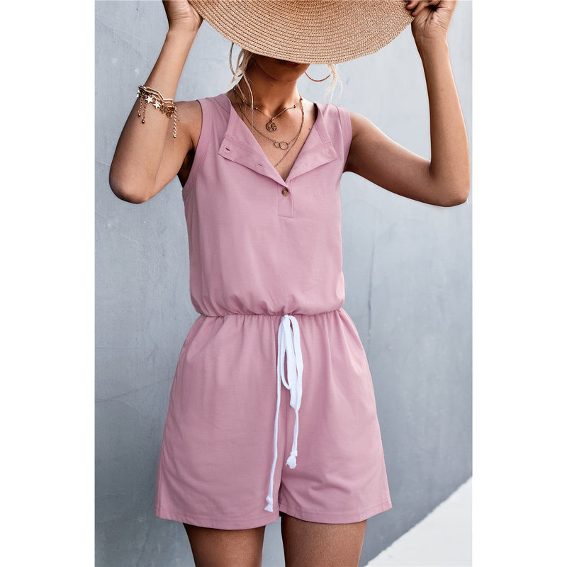 Sleeveless Buttoned Romper with Pockets