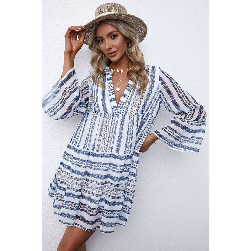 Printed Notched Neck Flare Sleeve Tiered Dress