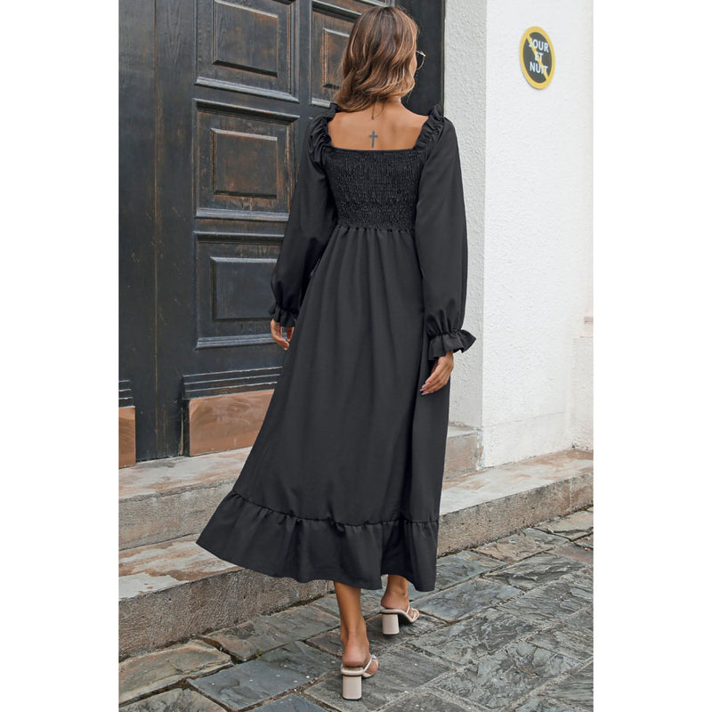 Smocked Ruffle Hem Flounce Sleeve Dress