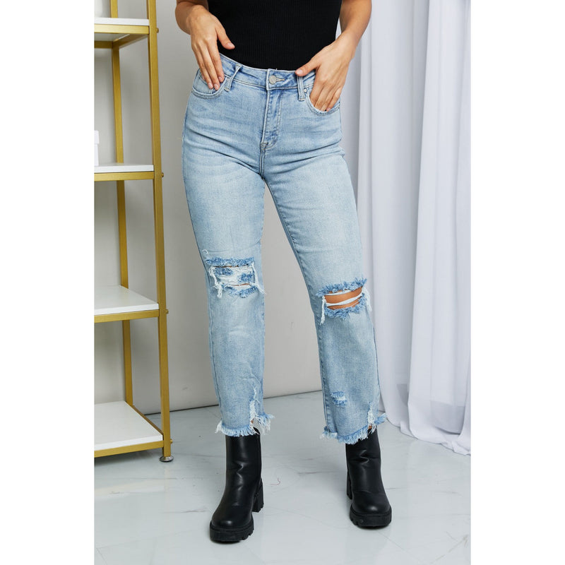 RISEN Full Size Distressed Fringe Hem Cropped Jeans