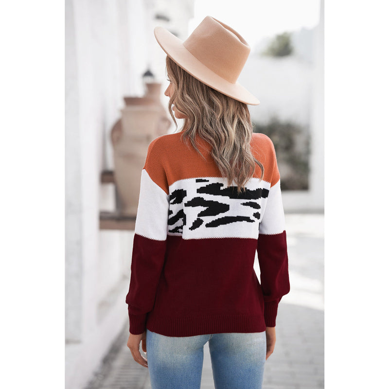 Leopard Color Block Ribbed Trim Sweater - Courageous & Confident Club