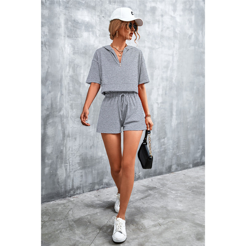 Half Zip Cropped Hooded T-Shirt and Shorts Set