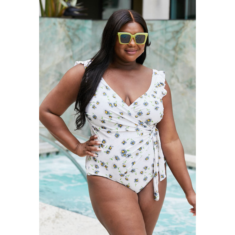 Marina West Swim Float On Ruffle Faux Wrap One-Piece in Daisy Cream