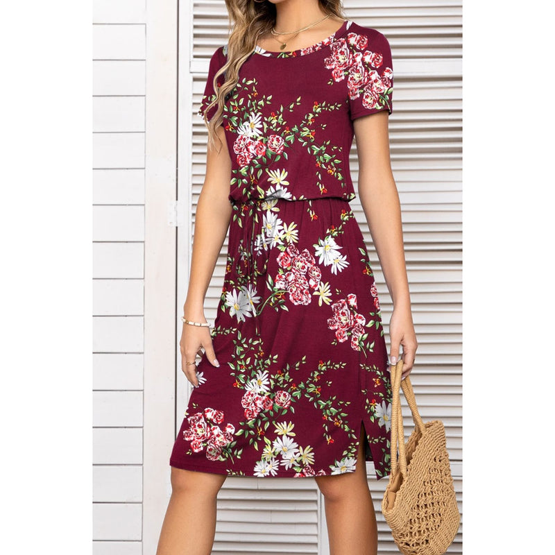 Round Neck Short Sleeve Slit Dress with Pockets