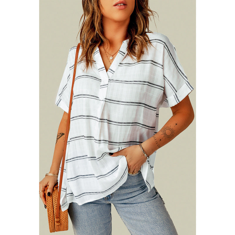 Notched Side Slit Cuffed Blouse