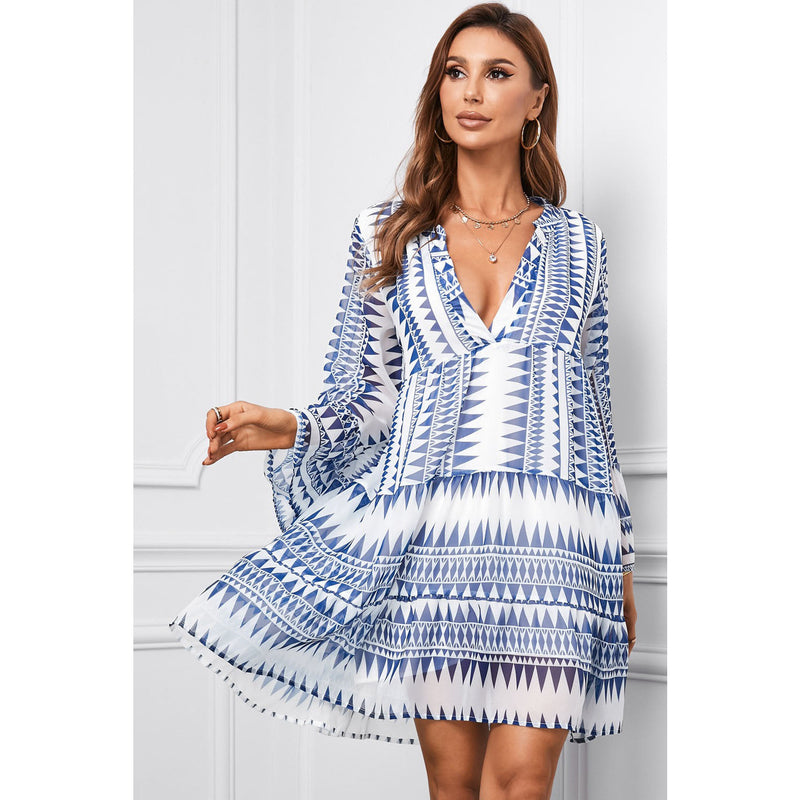 Printed Notched Neck Flare Sleeve Tiered Dress