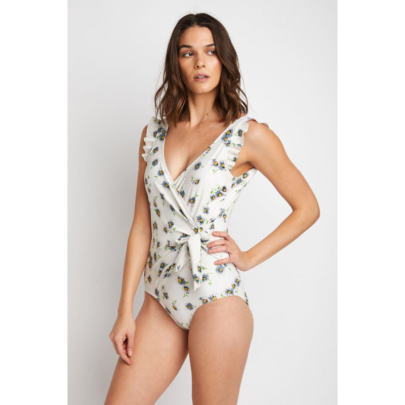 Marina West Swim Float On Ruffle Faux Wrap One-Piece in Daisy Cream