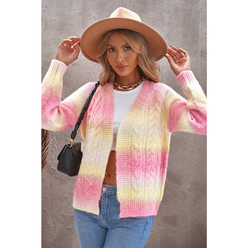 Tie-Dye Cable-Knit Raglan Sleeve Open Front Cardigan
