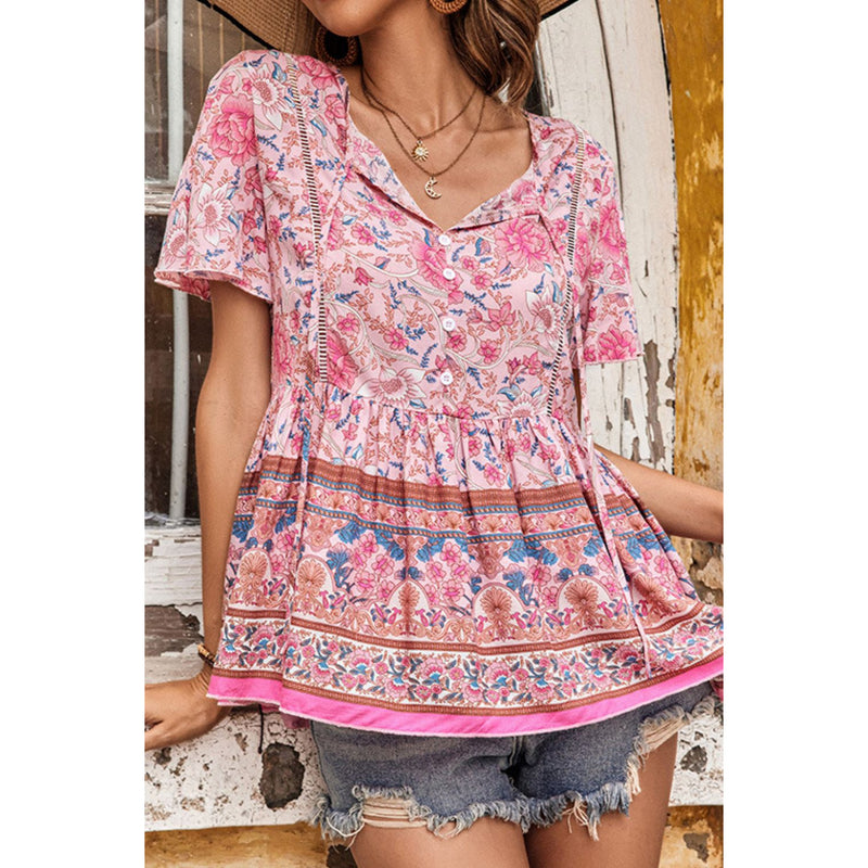 Bohemian Decorative Button Tie-Neck Peplum Blouse
