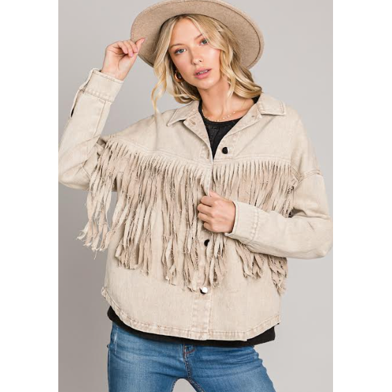 Washed Button Down Jacket with Boho Fringes