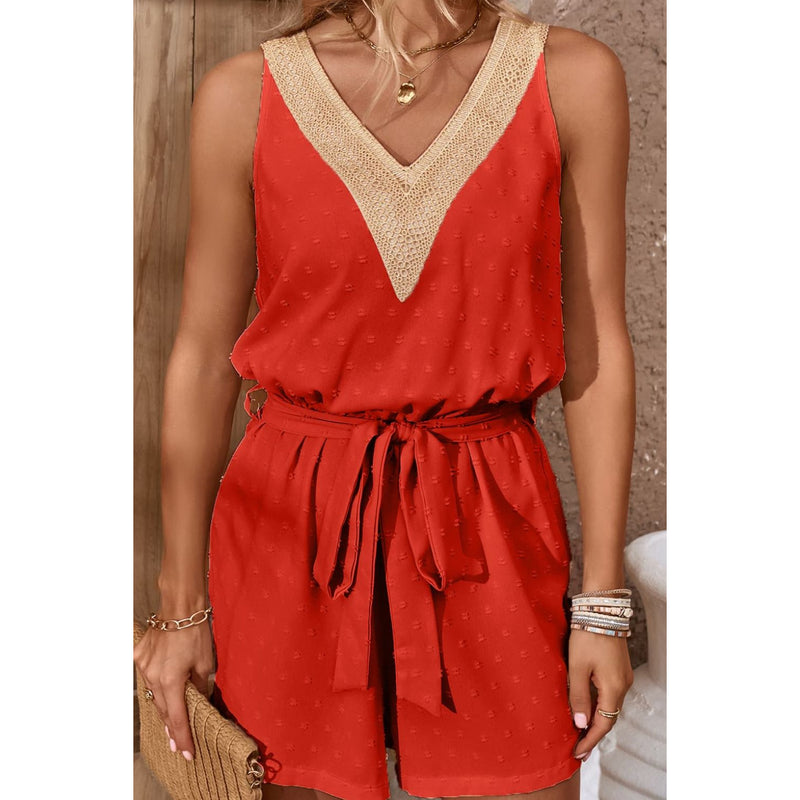Swiss Dot Contrast Tie Waist Romper