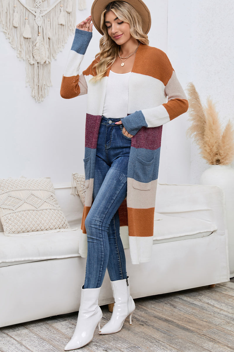 Long Color Block Open Front Pocketed Cardigan