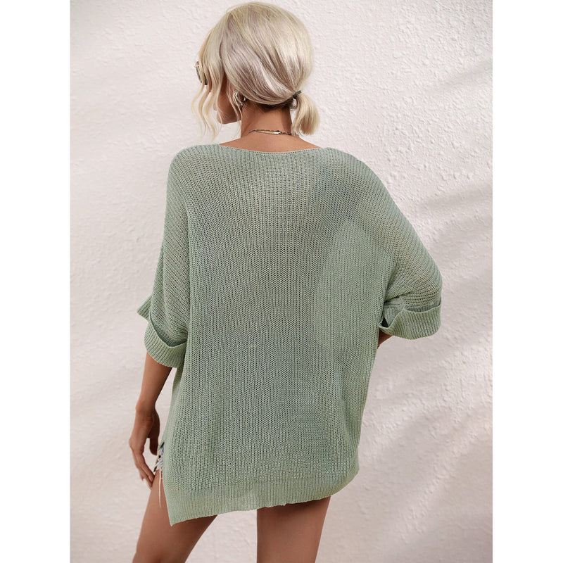 Boat Neck Cuffed Sleeve Slit Tunic Knit Top