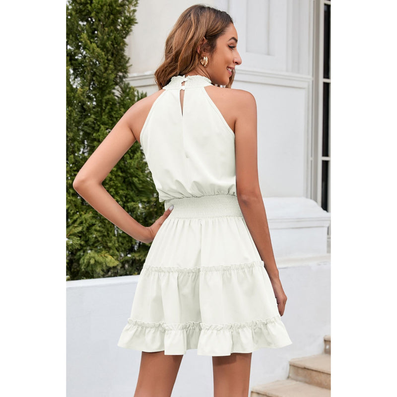 Frill Trim Smocked Waist Grecian Neck Sleeveless Dress