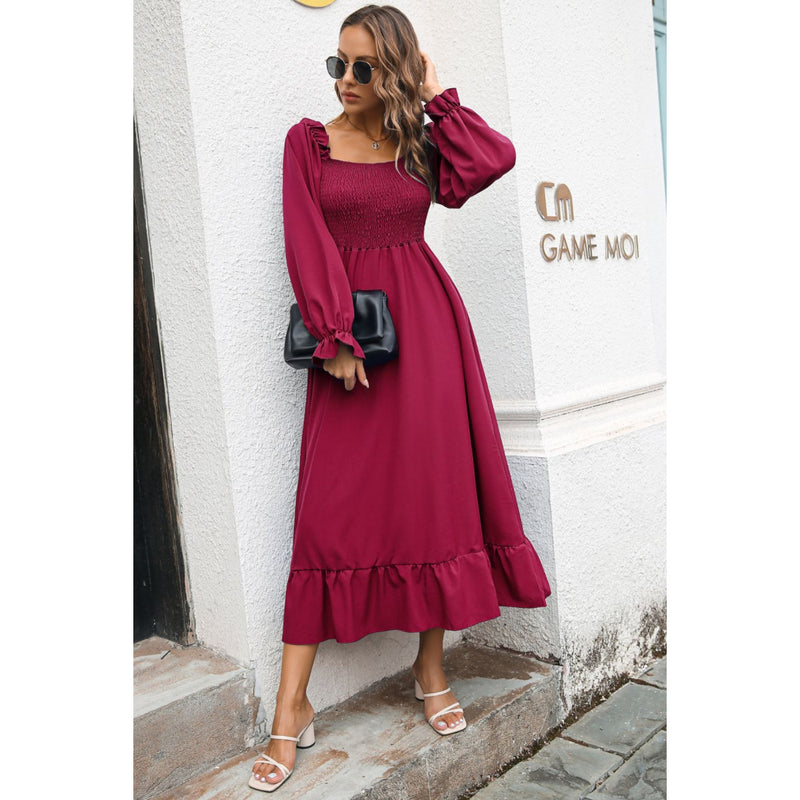 Smocked Ruffle Hem Flounce Sleeve Dress