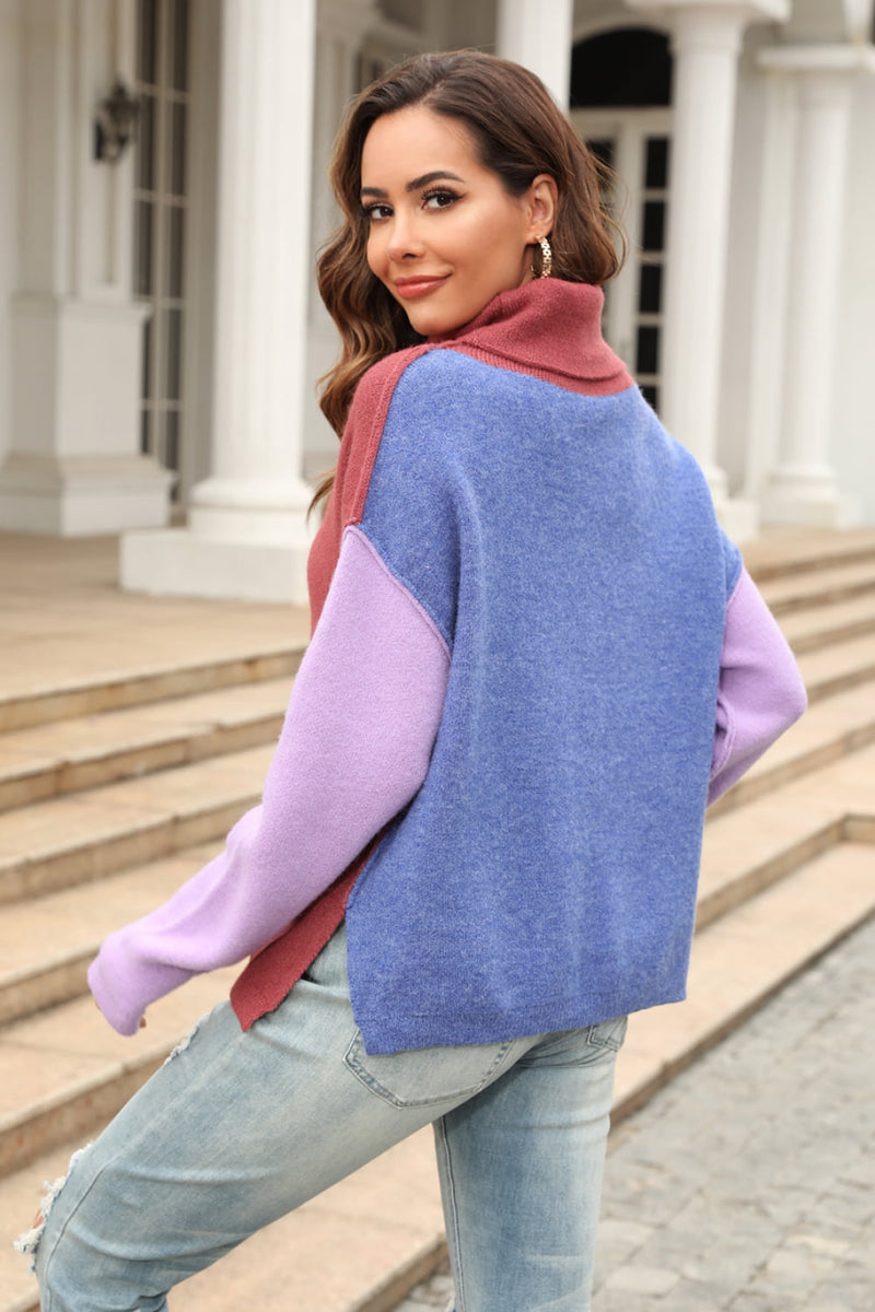 Double Take Color Block Turtleneck Slit Sweater