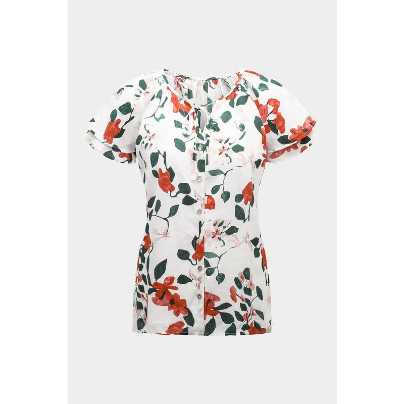 Floral Tie Neck Short Sleeve Shirt