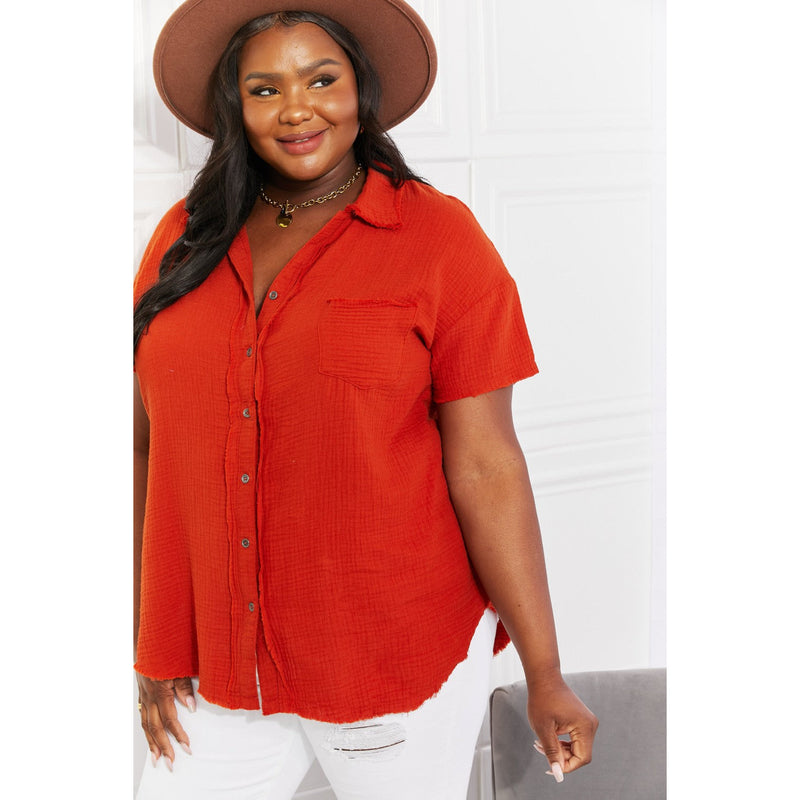 Zenana Full Size Summer Breeze Gauze Short Sleeve Shirt in Copper