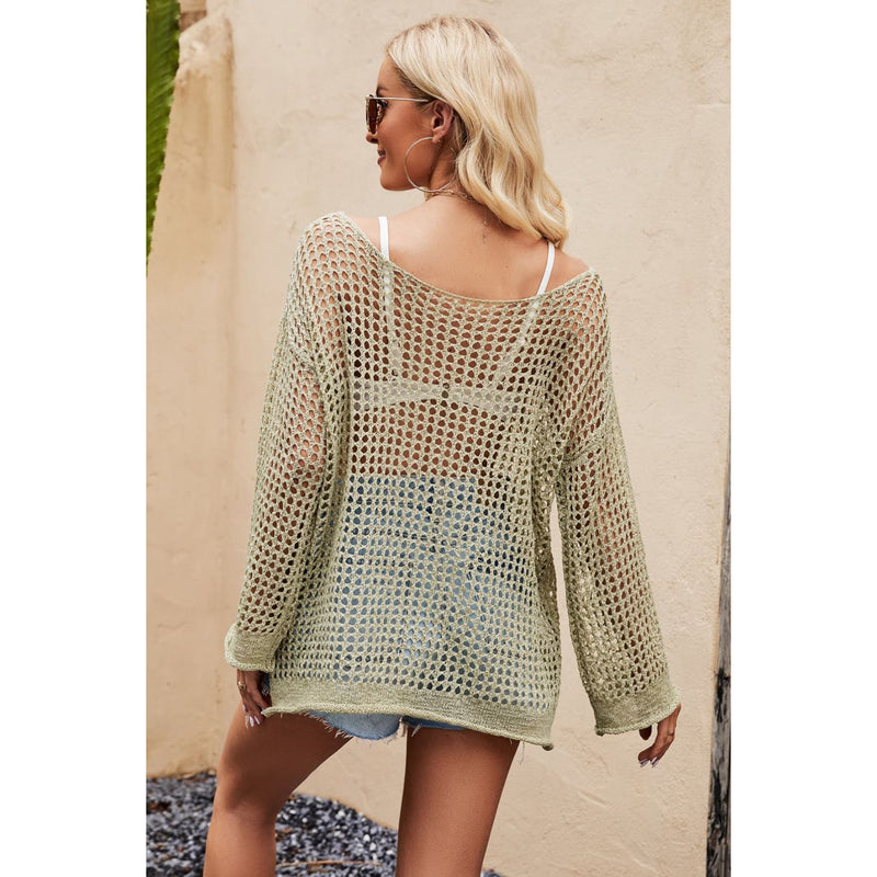 Openwork Round Neck Long Sleeve Cover Up