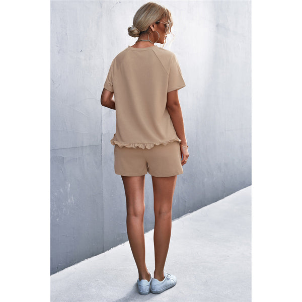 Raglan Sleeve Ruffle Hem Top and Shorts Set with Pockets