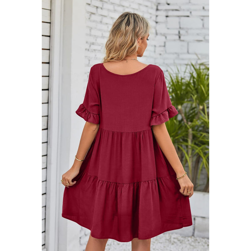 V-Neck Flounce Sleeve Tiered Dress