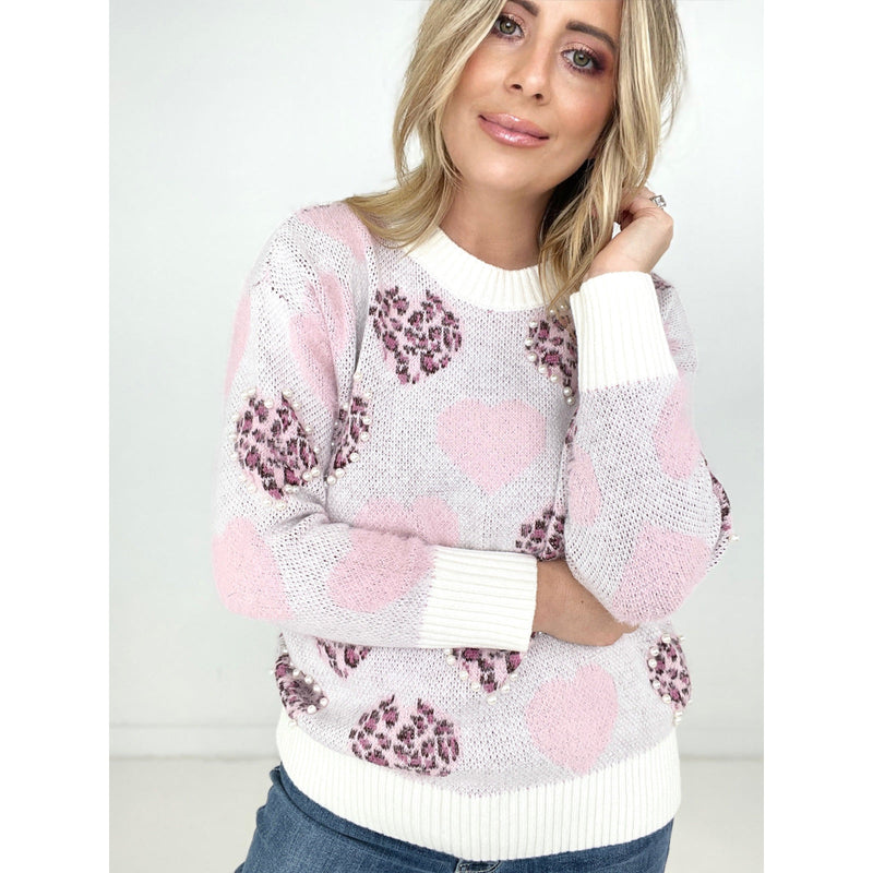 Leopard Heart Print Pullover Fluffy Sweaters With Plastic Pearl - Courageous & Confident Club