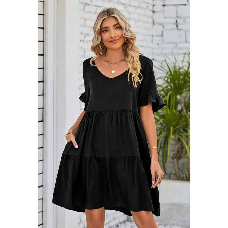 V-Neck Flounce Sleeve Tiered Dress
