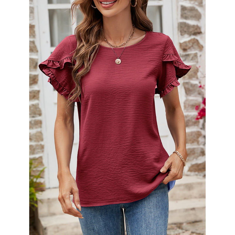 Textured Petal Sleeve Round Neck Tee