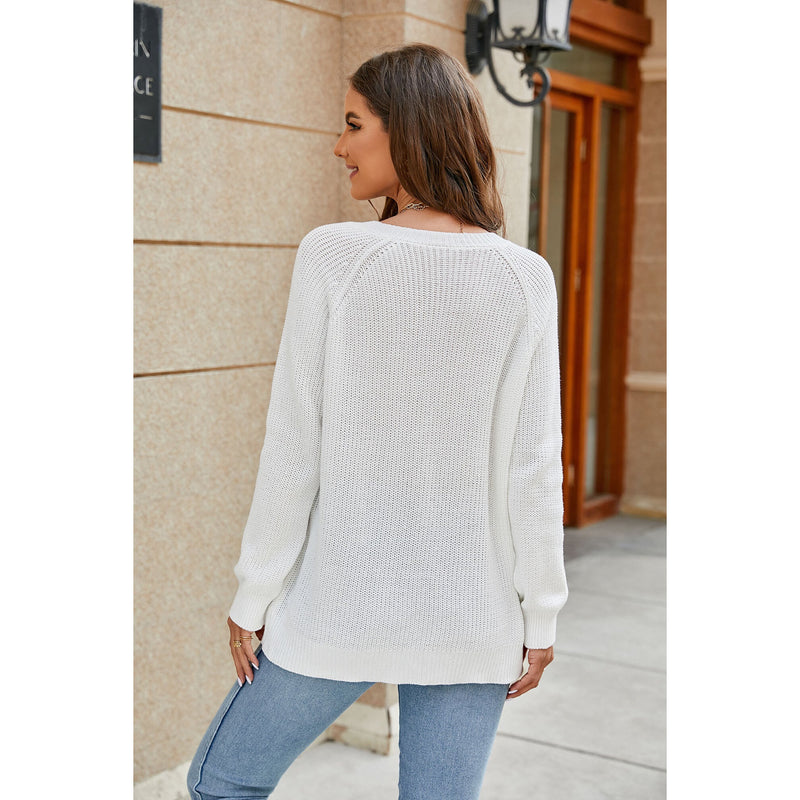 Raglan Sleeve Ribbed Trim Plunge Knit Top