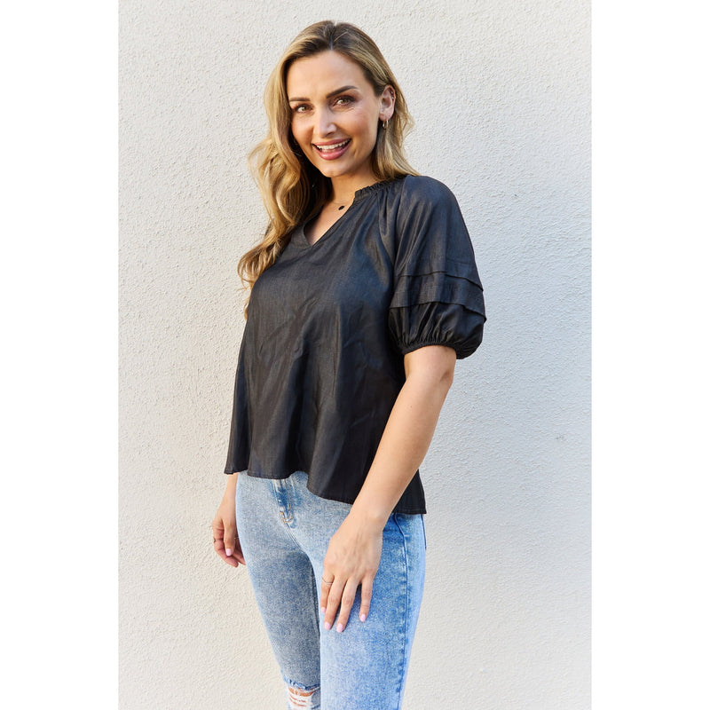 Petal Dew So Lovely Full Size Ruffle Sleeve V-Neck Top in Black